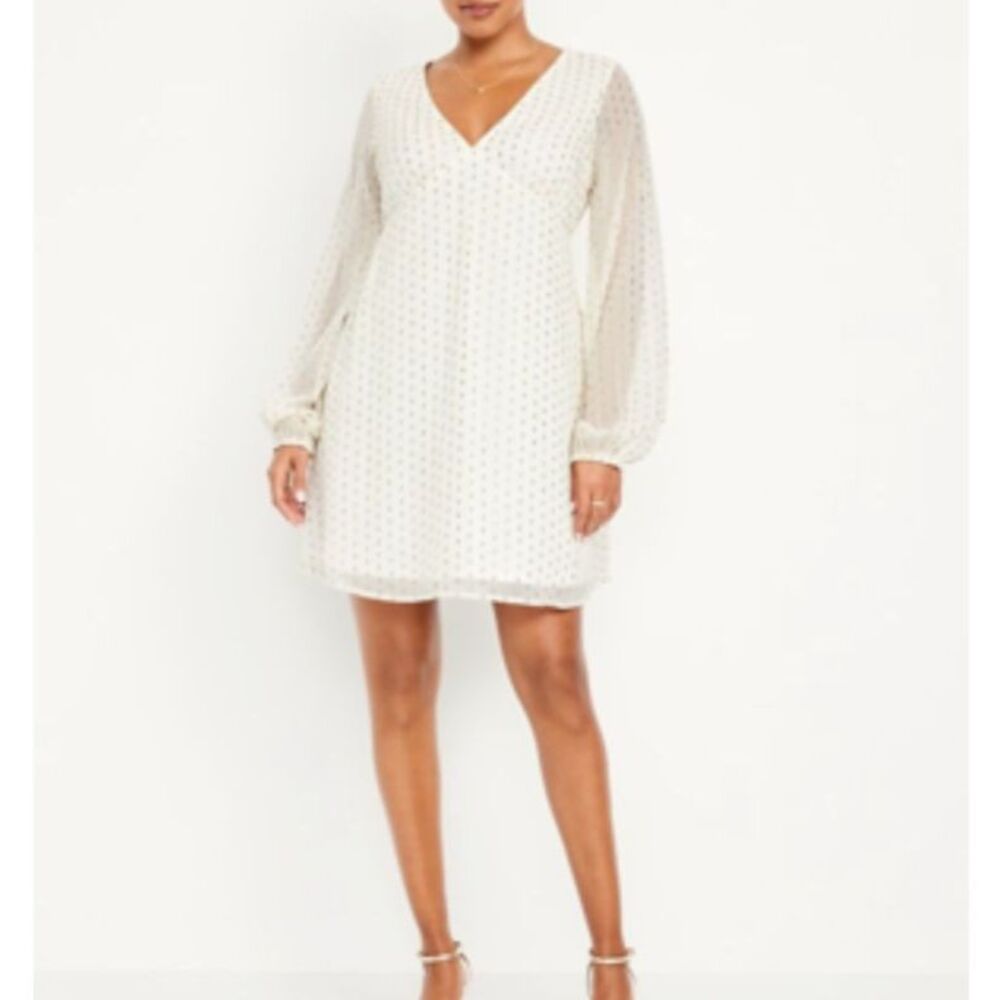 NWT Long Sleeve V Neck Mini Dress Ivory Gold Dot Size L
